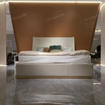 Light Beige Upholstered Bed with Brand Emblem & Gold Stainless Steel Base